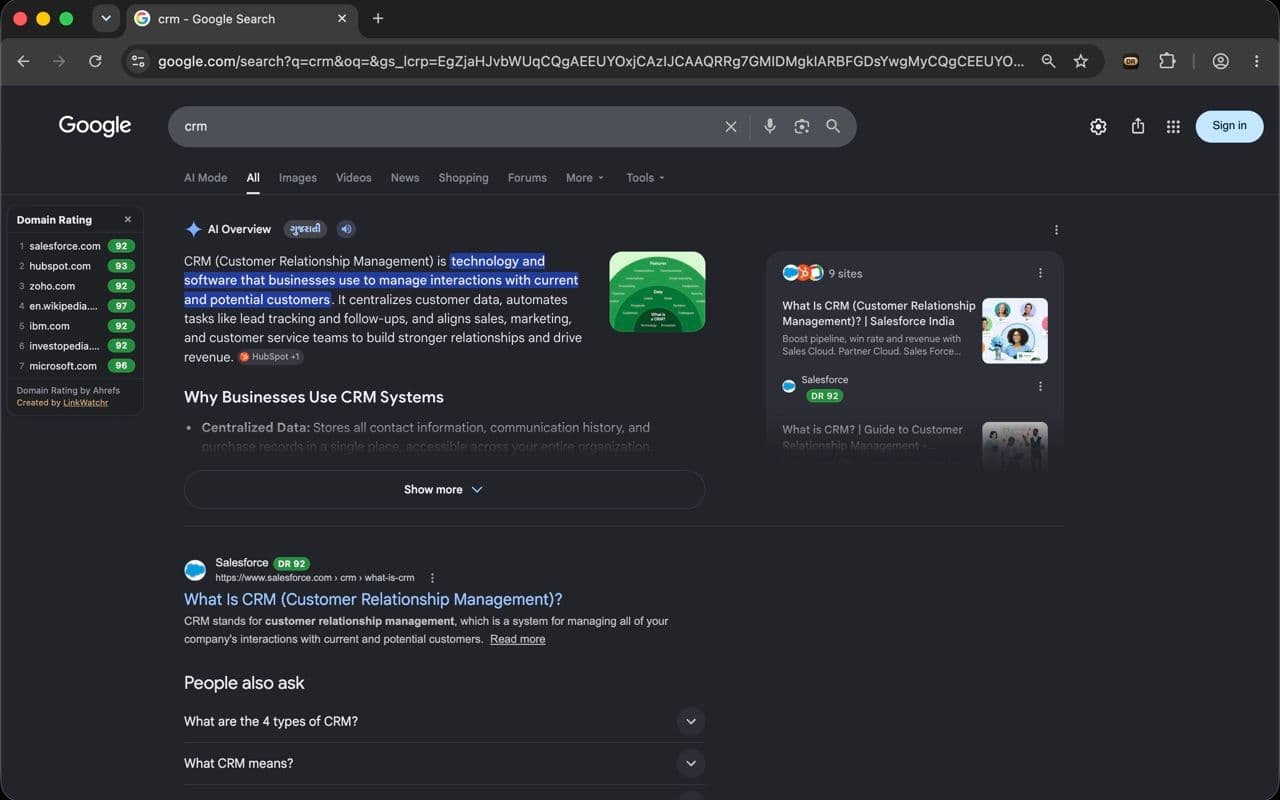 DR badges shown next to Google results and inside a Google AI Overview