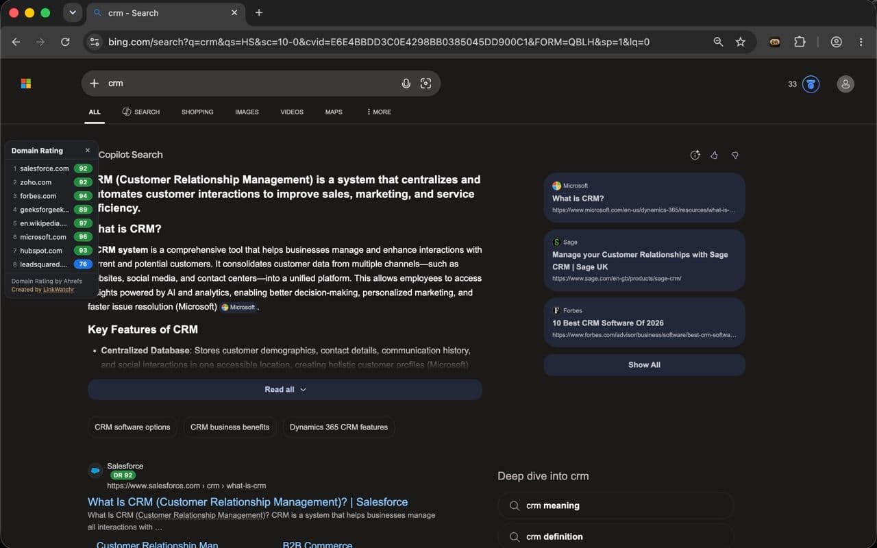 DR badges shown next to Bing search results