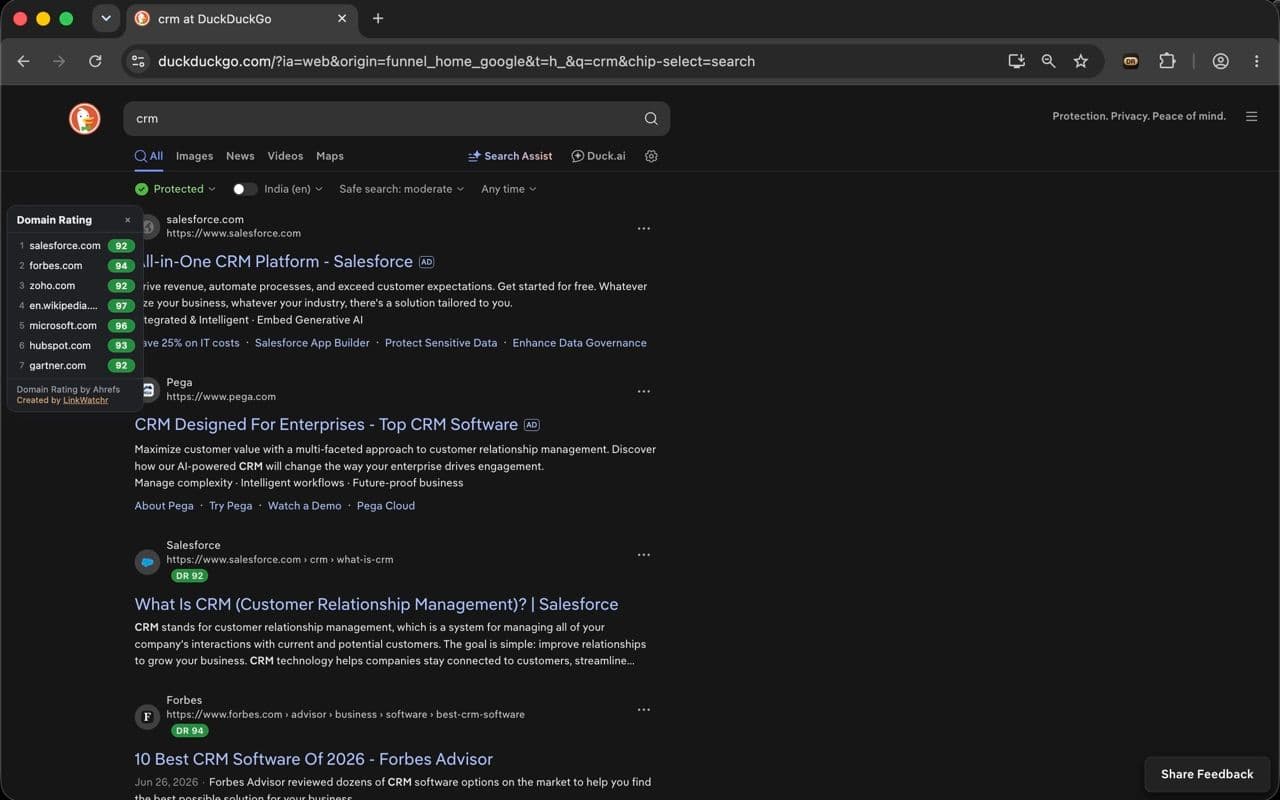 DR badges shown next to DuckDuckGo search results