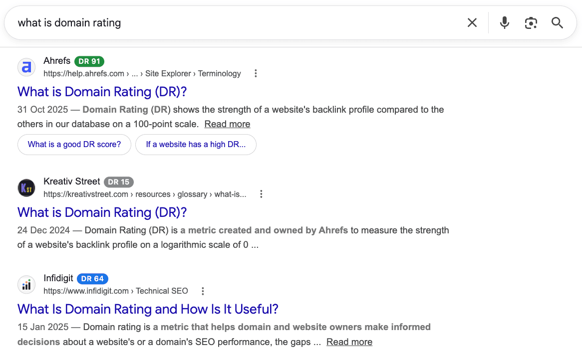 Google results for 'what is domain rating' with an Ahrefs Domain Rating badge on every result